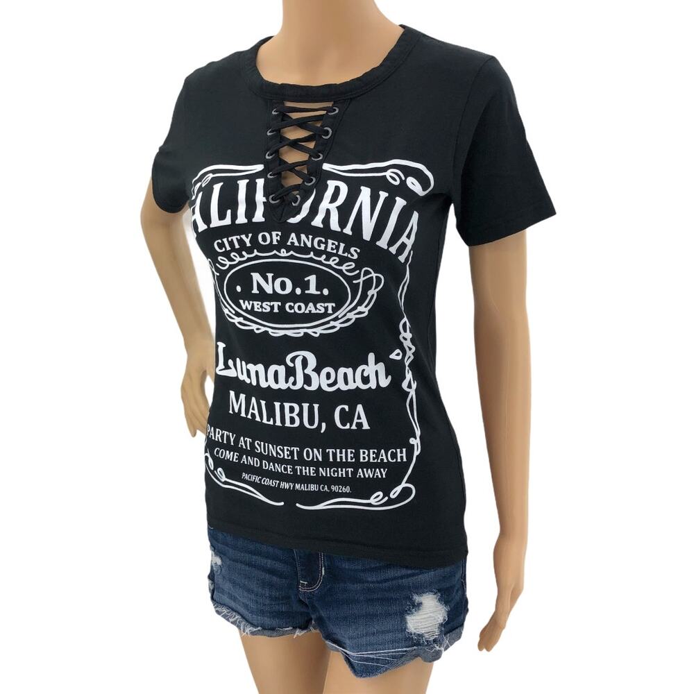 ON FIRE SMALL Black Lace Up Malibu California Luna Beach Short Sleeve Tee